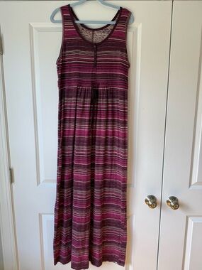 Eddie Bauer Maxi Dress, sleeveless, purple, pink, khaki stripes, size XL